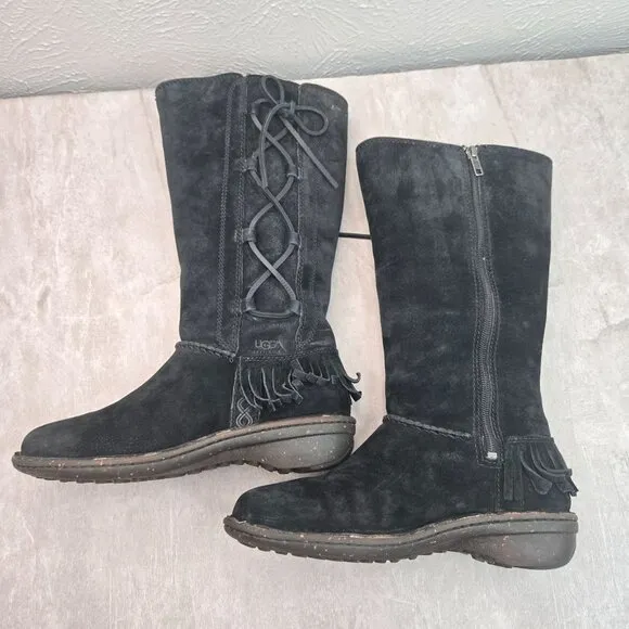 UGG Shearling Winter Wedge Boots Size 8 Black Suede Sheepkin Fur Lined Knee high