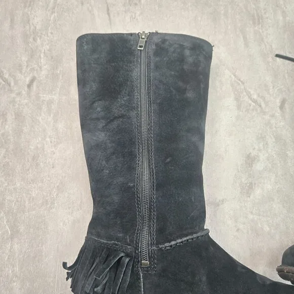 UGG Shearling Winter Wedge Boots Size 8 Black Suede Sheepkin Fur Lined Knee high
