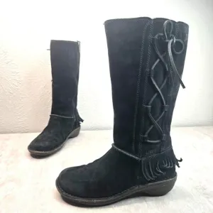 UGG Shearling Winter Wedge Boots Size 8 Black Suede Sheepkin Fur Lined Knee high