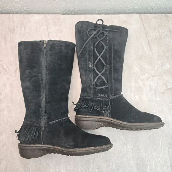 UGG Shearling Winter Wedge Boots Size 8 Black Suede Sheepkin Fur Lined Knee high