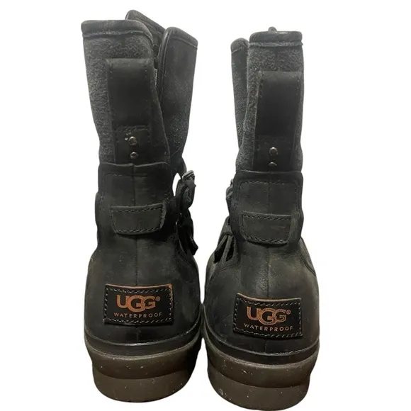 UGG Simmens Brushed Leather Lined Buckle Boots in Black Women's 10