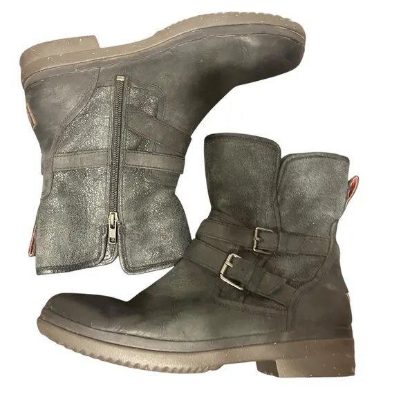 UGG Simmens Brushed Leather Lined Buckle Boots in Black Women's 10
