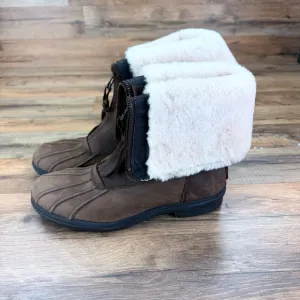 UGG Size 9.5 EUR 40 Zip Arquette Brown Leather Winter Boots Women Sheepskin Cuff