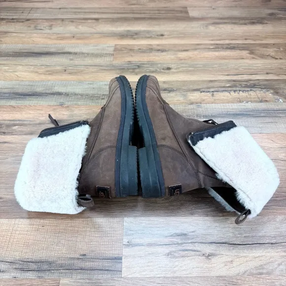 UGG Size 9.5 EUR 40 Zip Arquette Brown Leather Winter Boots Women Sheepskin Cuff