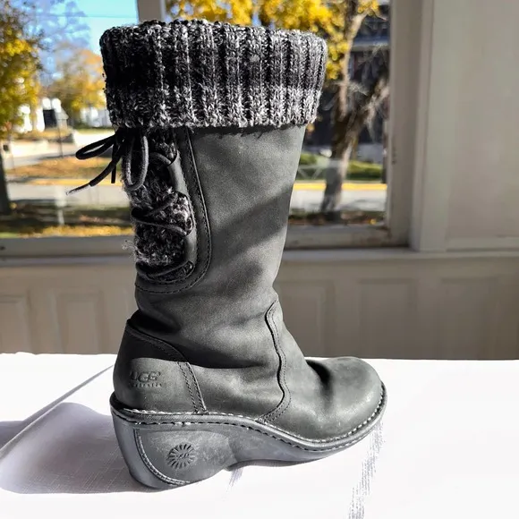 UGG - Skylar Wedge Boots, Black Suede Leather and knitted cuff, Size: US6/EU37