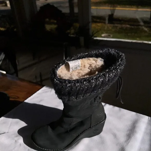 UGG - Skylar Wedge Boots, Black Suede Leather and knitted cuff, Size: US6/EU37