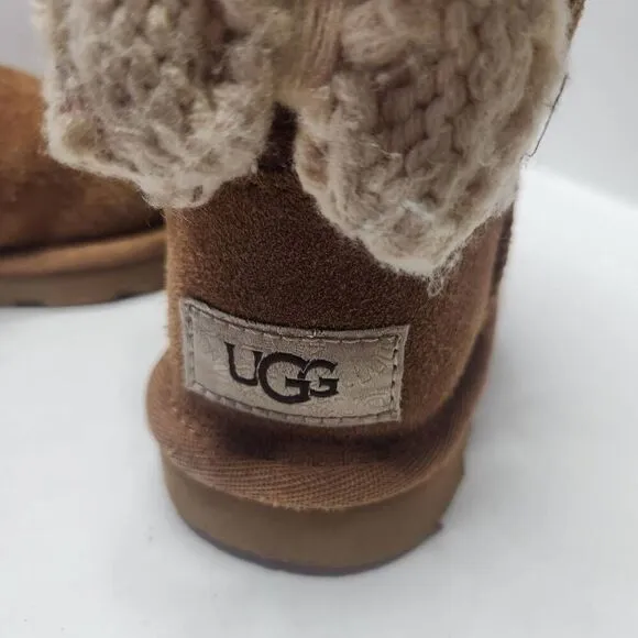 UGG Kids Chesnut Suede Bailey Knit Bow Wool Blend Plush Lined Winter Boots Sz 9