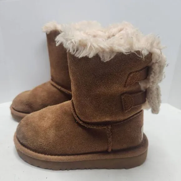 UGG Kids Chesnut Suede Bailey Knit Bow Wool Blend Plush Lined Winter Boots Sz 9