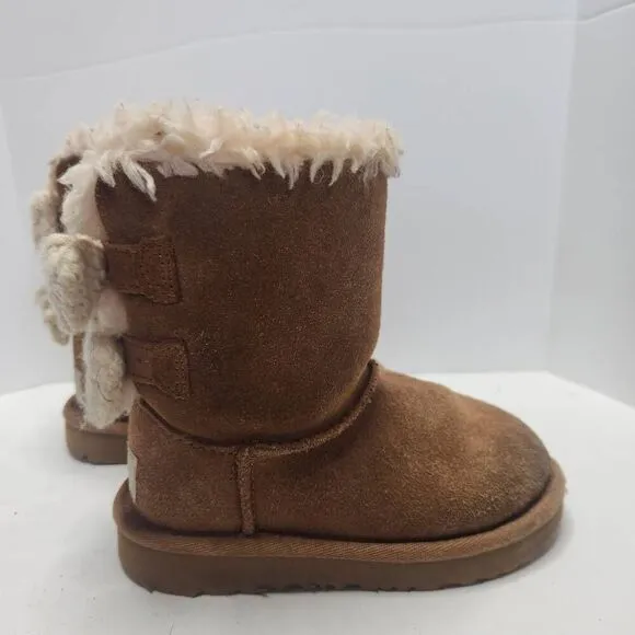 UGG Kids Chesnut Suede Bailey Knit Bow Wool Blend Plush Lined Winter Boots Sz 9