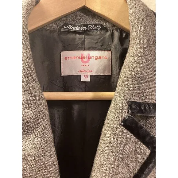 Ungaro Collection Gray Wool Tweed Velvet Tailored Vintage Jacket Blazer Sz 50 M