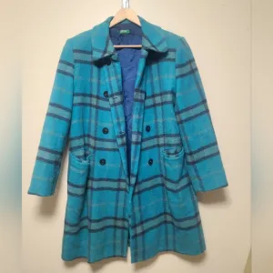 United Colors of Benetton Blue Plaid Wool Pea Coat M Classic Vintage Style