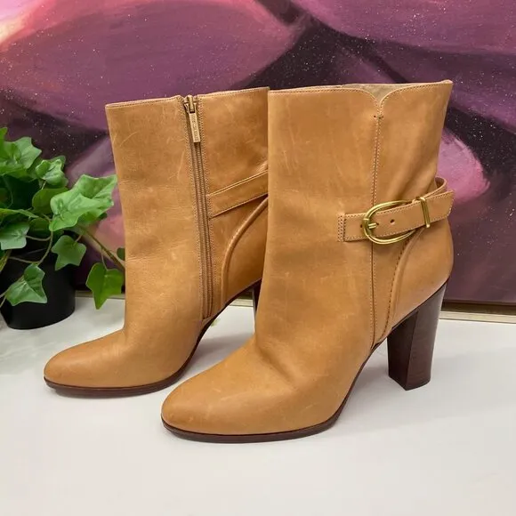 Veronica Beard Viv Booties Natural Leather Upper Ankle Heeled Buckle Boots Size