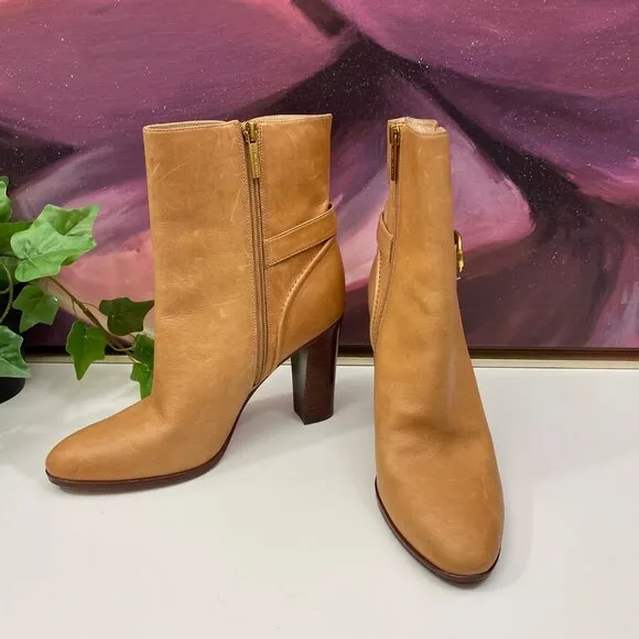 Veronica Beard Viv Booties Natural Leather Upper Ankle Heeled Buckle Boots Size