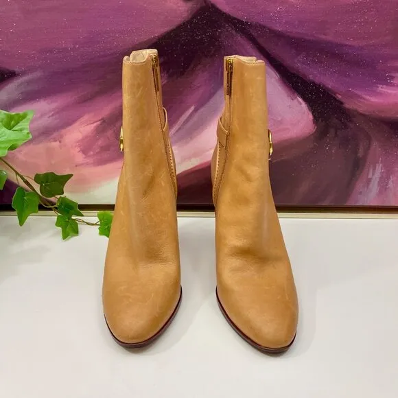 Veronica Beard Viv Booties Natural Leather Upper Ankle Heeled Buckle Boots Size