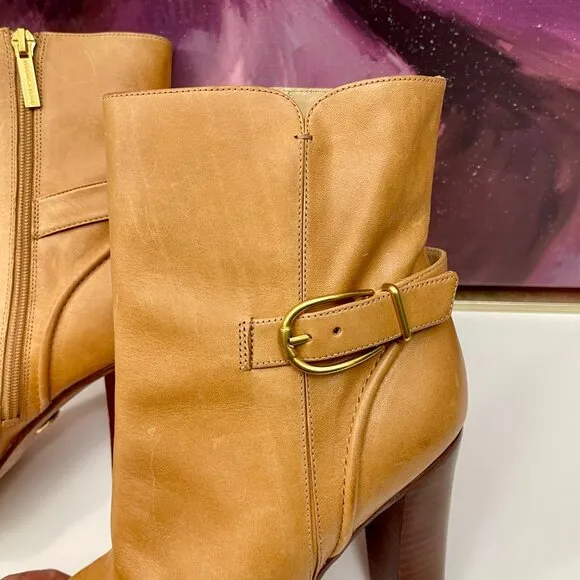 Veronica Beard Viv Booties Natural Leather Upper Ankle Heeled Buckle Boots Size