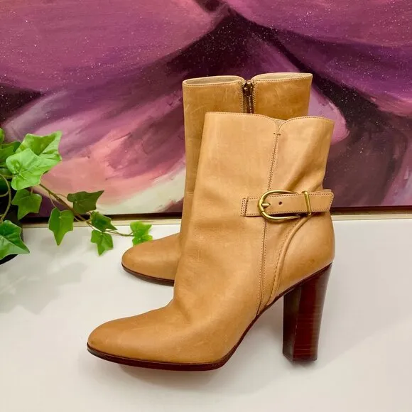Veronica Beard Viv Booties Natural Leather Upper Ankle Heeled Buckle Boots Size