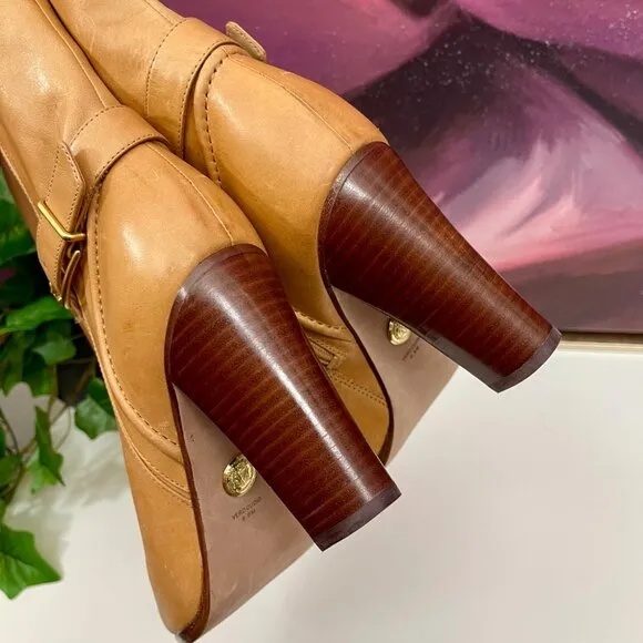 Veronica Beard Viv Booties Natural Leather Upper Ankle Heeled Buckle Boots Size