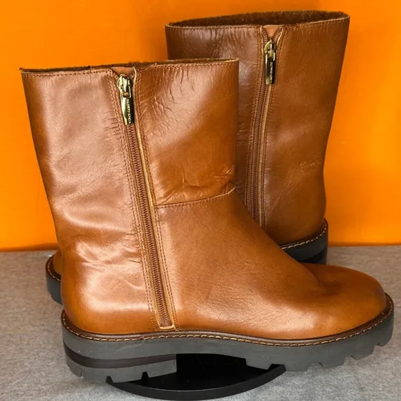 Vince Camuto Telvanni Cognac Brown Leather Platform Boot Zip Size 7 EU 37.5