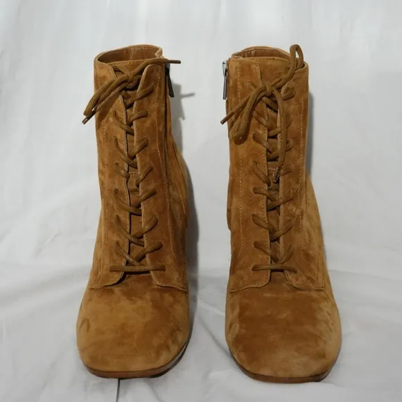 VINCE Halle Cognac Suede Heeled Ankle Boots, size 8.5M