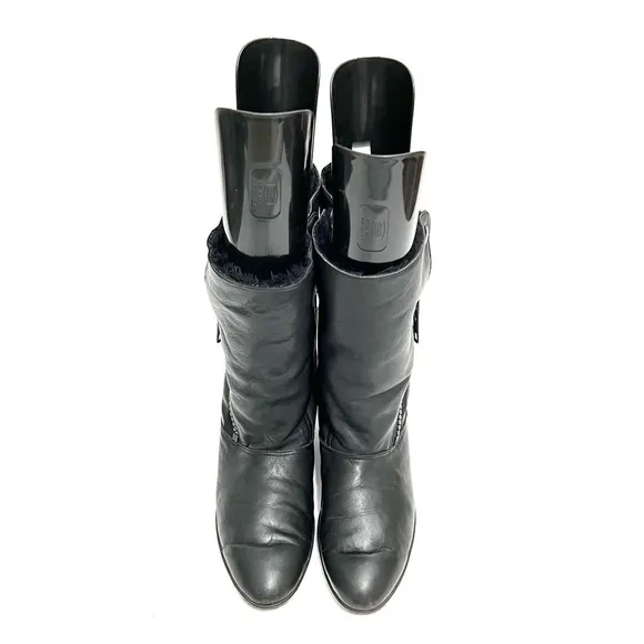 Vintage 1980s black leather side zip snap top faux fur lined snow boots