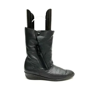 Vintage 1980s black leather side zip snap top faux fur lined snow boots