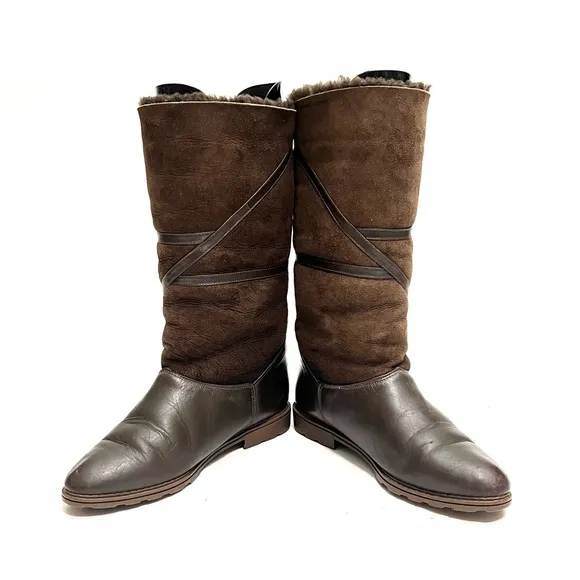 Vintage 1980s brown leather and suede faux Sherpa mid calf winter snow boots