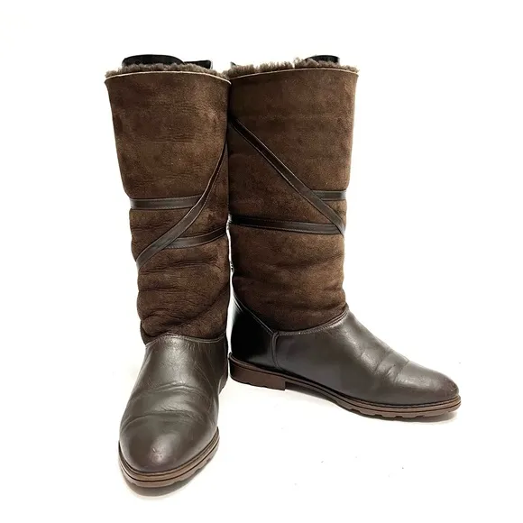 Vintage 1980s brown leather and suede faux Sherpa mid calf winter snow boots
