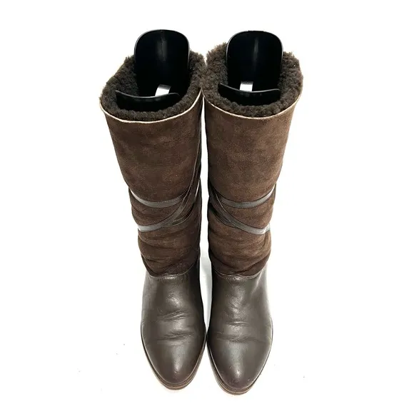 Vintage 1980s brown leather and suede faux Sherpa mid calf winter snow boots