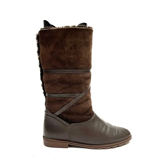 Vintage 1980s brown leather and suede faux Sherpa mid calf winter snow boots