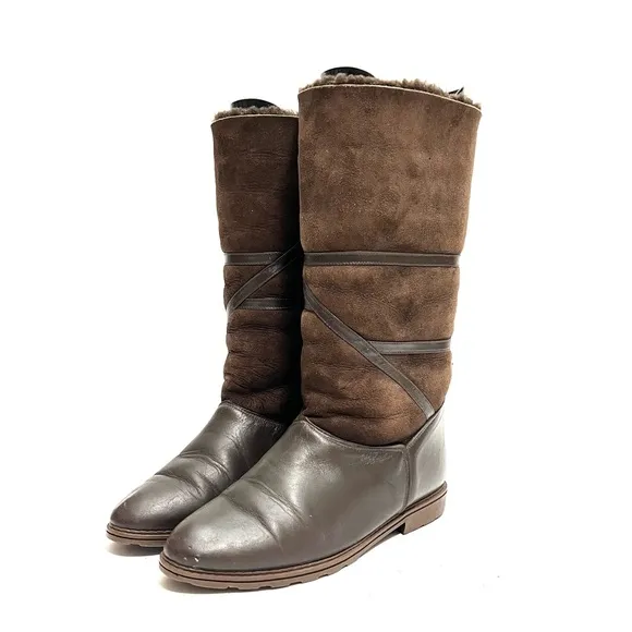 Vintage 1980s brown leather and suede faux Sherpa mid calf winter snow boots