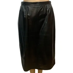 Vintage 80’s Saks Fifth Avenue Black Leather Below The Knee Straight Lined Skirt