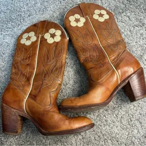 Vintage Acme Flower Brown Leather Stacked Heel Western Cowboy Boots 7.5 Daisy