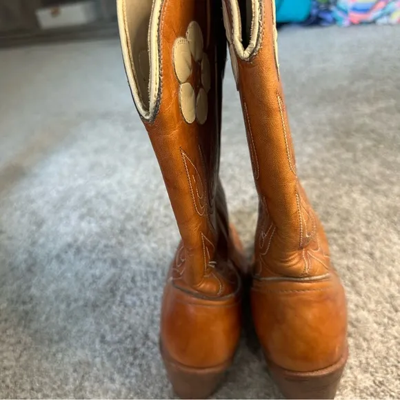 Vintage Acme Flower Brown Leather Stacked Heel Western Cowboy Boots 7.5 Daisy