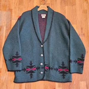 Vintage Coldwater Creek Wool Green Equestrian Cowichan Cardigan Sweater Medium