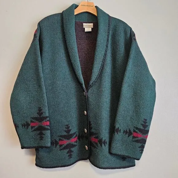 Vintage Coldwater Creek Wool Green Equestrian Cowichan Cardigan Sweater Medium