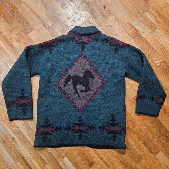 Vintage Coldwater Creek Wool Green Equestrian Cowichan Cardigan Sweater Medium