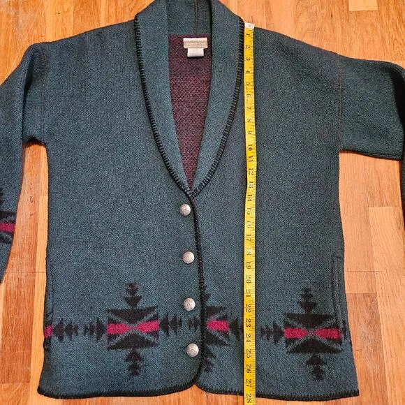 Vintage Coldwater Creek Wool Green Equestrian Cowichan Cardigan Sweater Medium