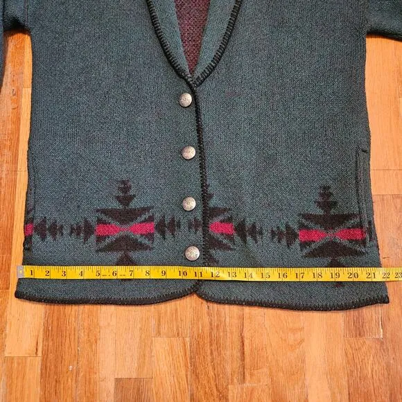 Vintage Coldwater Creek Wool Green Equestrian Cowichan Cardigan Sweater Medium