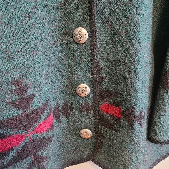 Vintage Coldwater Creek Wool Green Equestrian Cowichan Cardigan Sweater Medium
