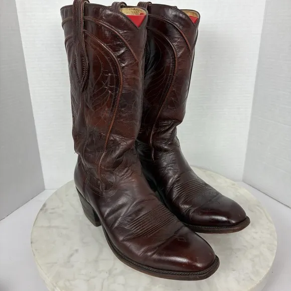 Vintage DAN POST Spanish Leather Cowboy Western Boots Mens Size 9.5D Burgandy