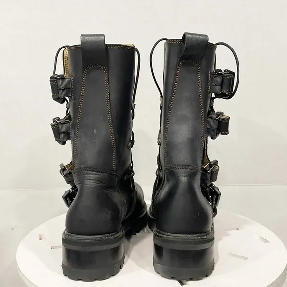 Vintage GBX Mens 8 Genuine Leather Biker Boots Buckle Zip Moto Y2K Grunge Goth