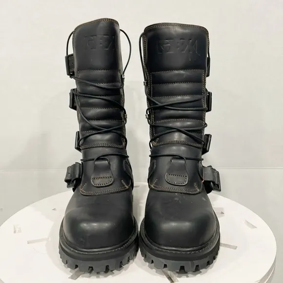 Vintage GBX Mens 8 Genuine Leather Biker Boots Buckle Zip Moto Y2K Grunge Goth
