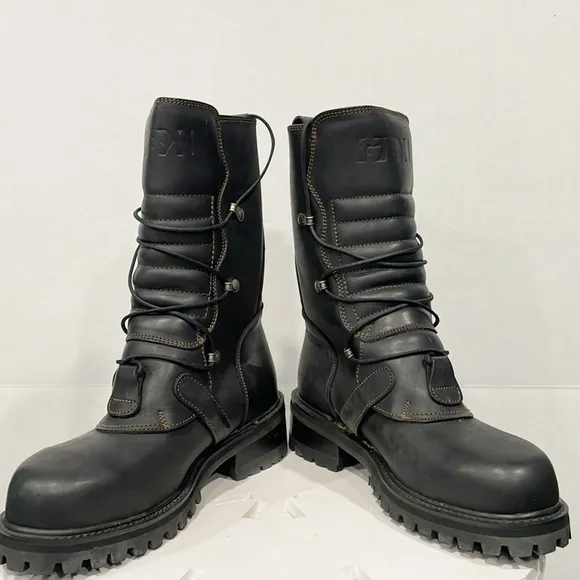 Vintage GBX Mens 8 Genuine Leather Biker Boots Buckle Zip Moto Y2K Grunge Goth