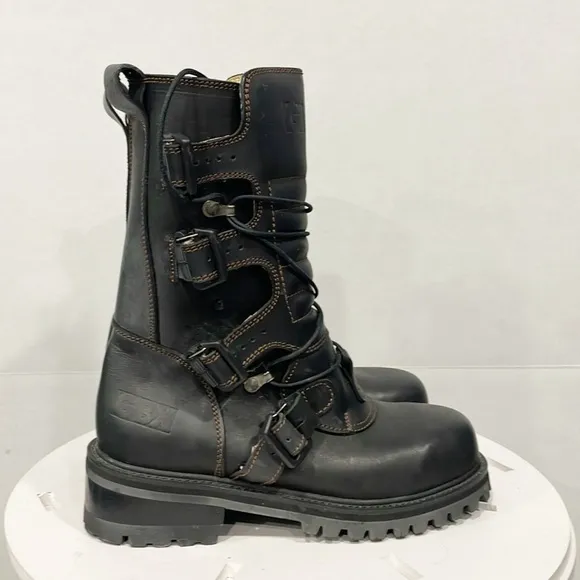 Vintage GBX Mens 8 Genuine Leather Biker Boots Buckle Zip Moto Y2K Grunge Goth