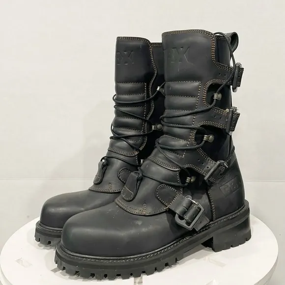 Vintage GBX Mens 8 Genuine Leather Biker Boots Buckle Zip Moto Y2K Grunge Goth