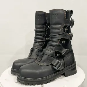 Vintage GBX Mens 8 Genuine Leather Biker Boots Buckle Zip Moto Y2K Grunge Goth