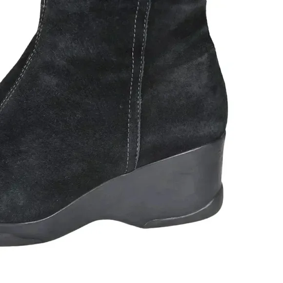 Vintage Hush Puppies Leather Suede Wedge Winter Boots Tall Black Size 9