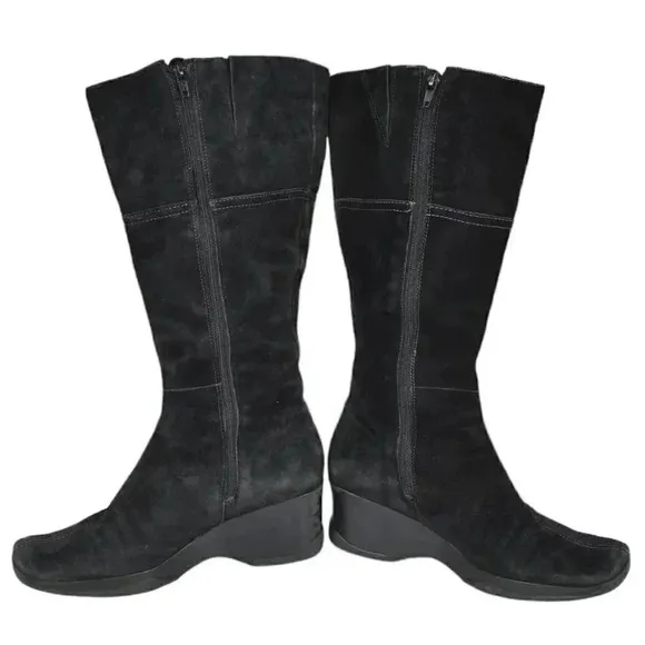 Vintage Hush Puppies Leather Suede Wedge Winter Boots Tall Black Size 9
