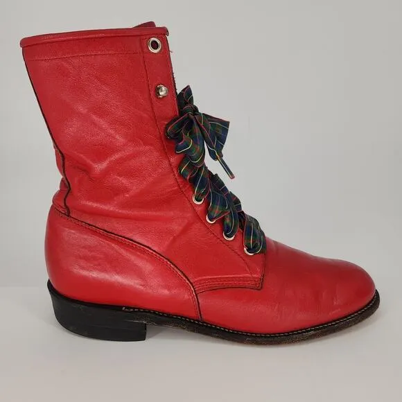Vintage Justin Red Leather Lace-Up Boots Women’s 7.5B