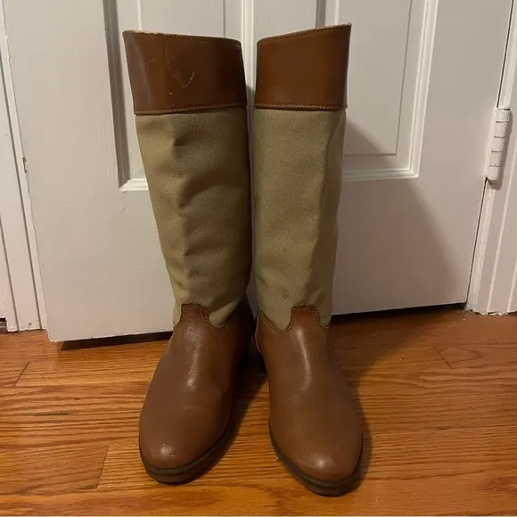 Vintage LL Bean Tan Canvas Leather Riding Equestrian boots size 8.5
